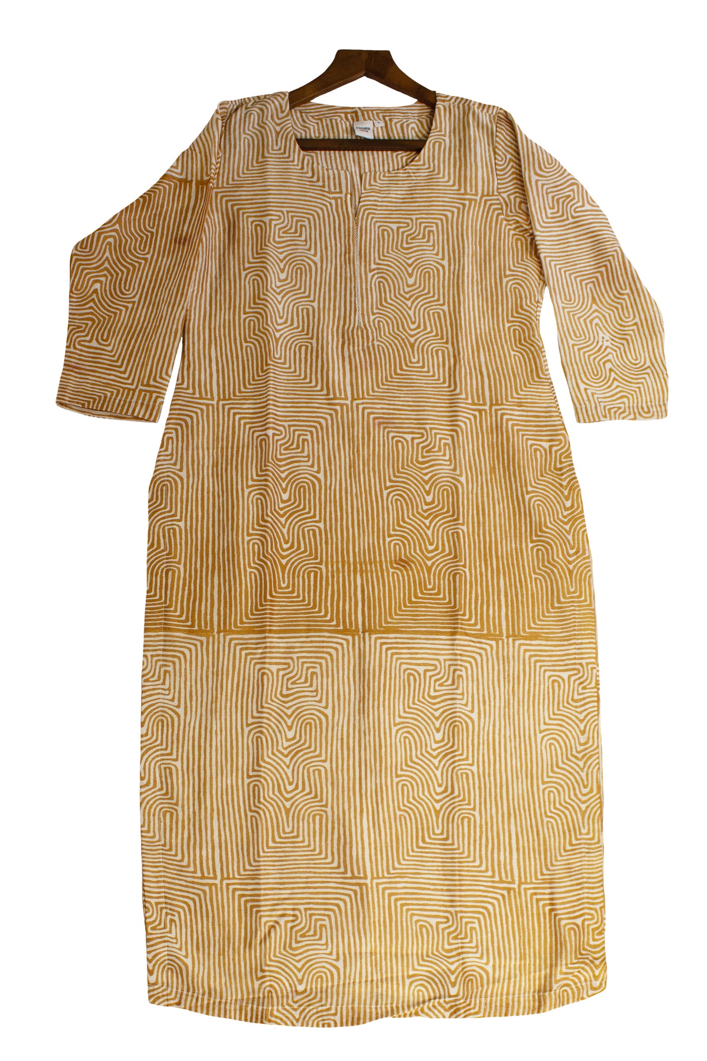 Chanderi Silk Geometric Block Print Kurta in Mustard