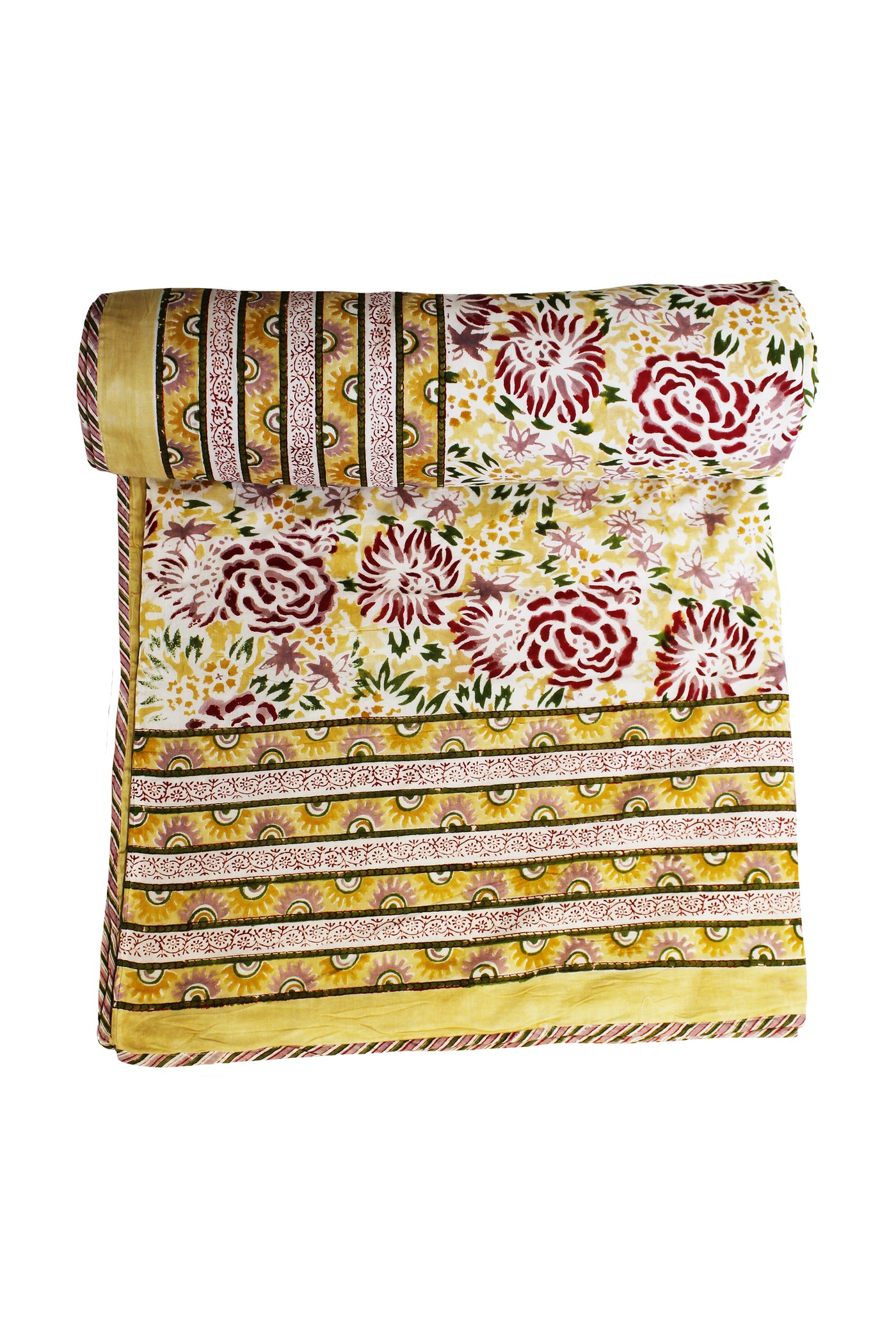 Cotton Rose Flower Jaal Hand Block Print Dohar in Yellow