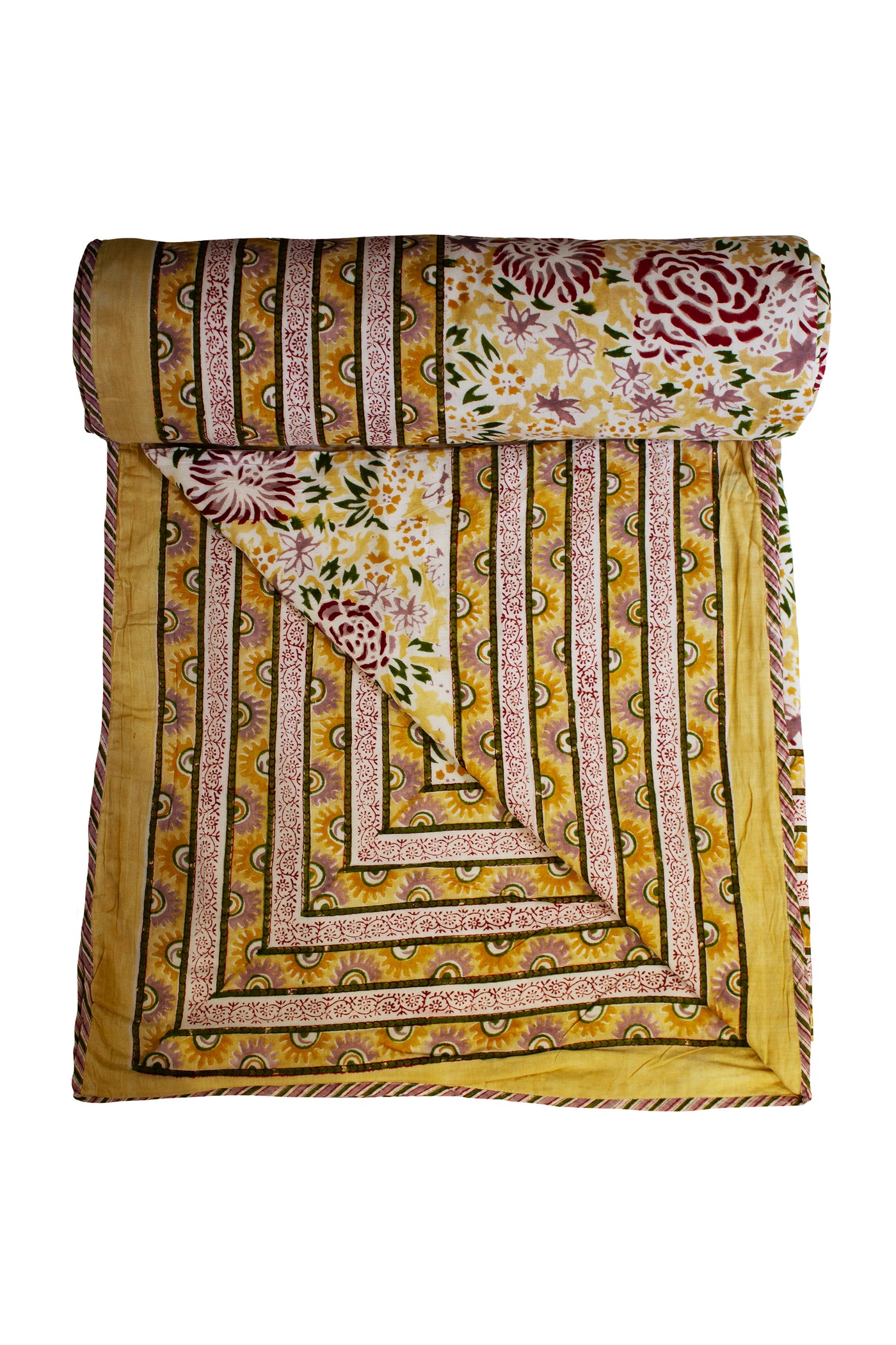 Cotton Rose Flower Jaal Hand Block Print Dohar in Yellow