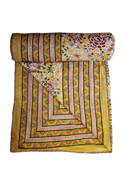 Cotton Rose Flower Jaal Hand Block Print Dohar in Yellow