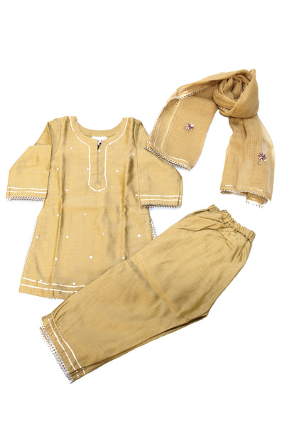 Chanderi Silk Mirror Work and Gota Lace Girls Kurta Set in Bronze Mist