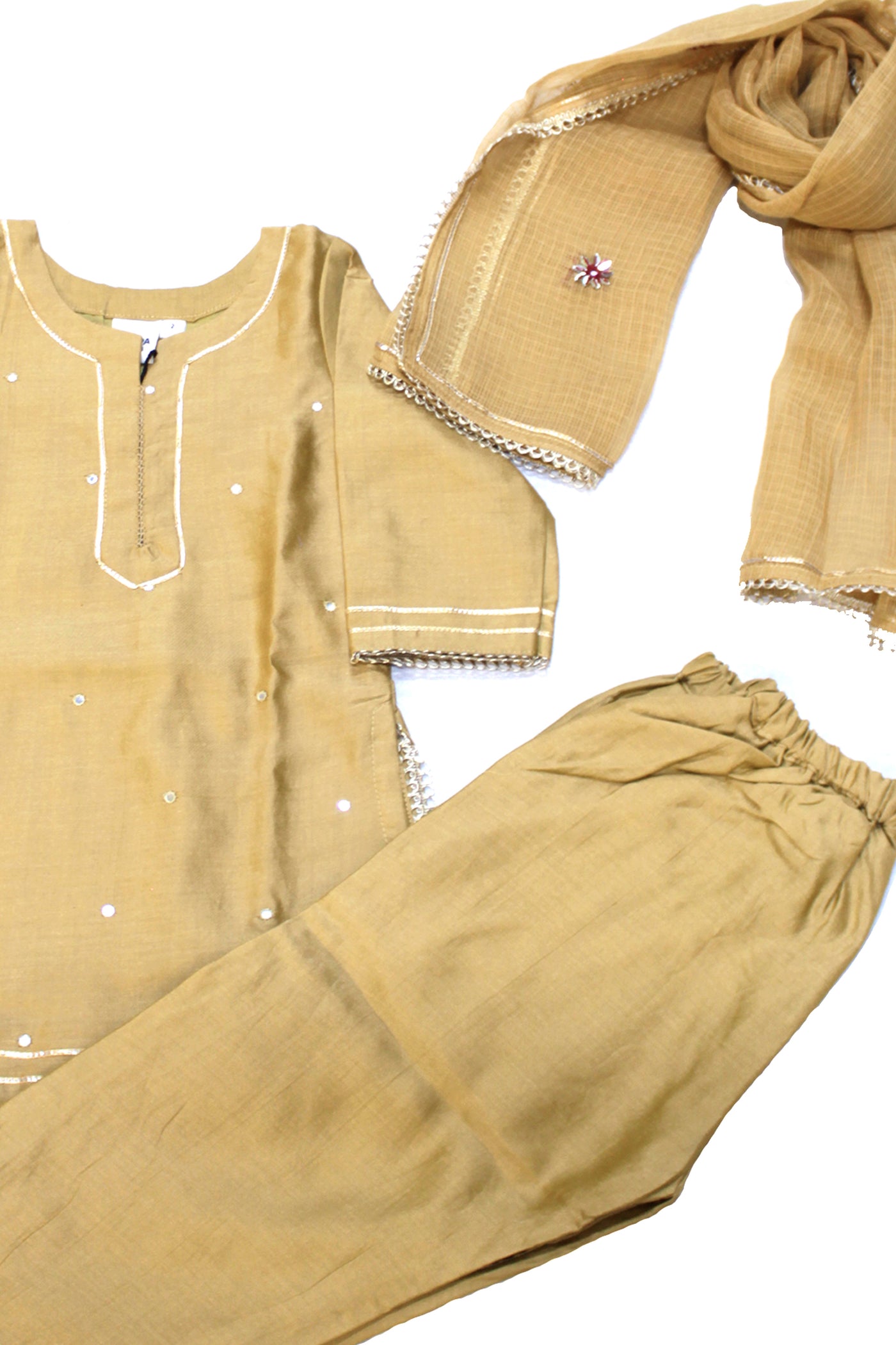 Chanderi Silk Mirror Work and Gota Lace Girls Kurta Set in Bronze Mist