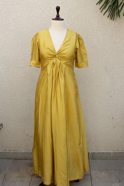 Raw Silk Plain Dye Knotted Long Dress in Olive Oil