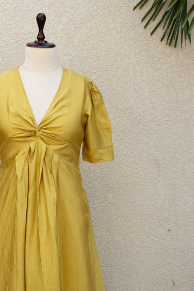 Raw Silk Plain Dye Knotted Long Dress in Olive Oil