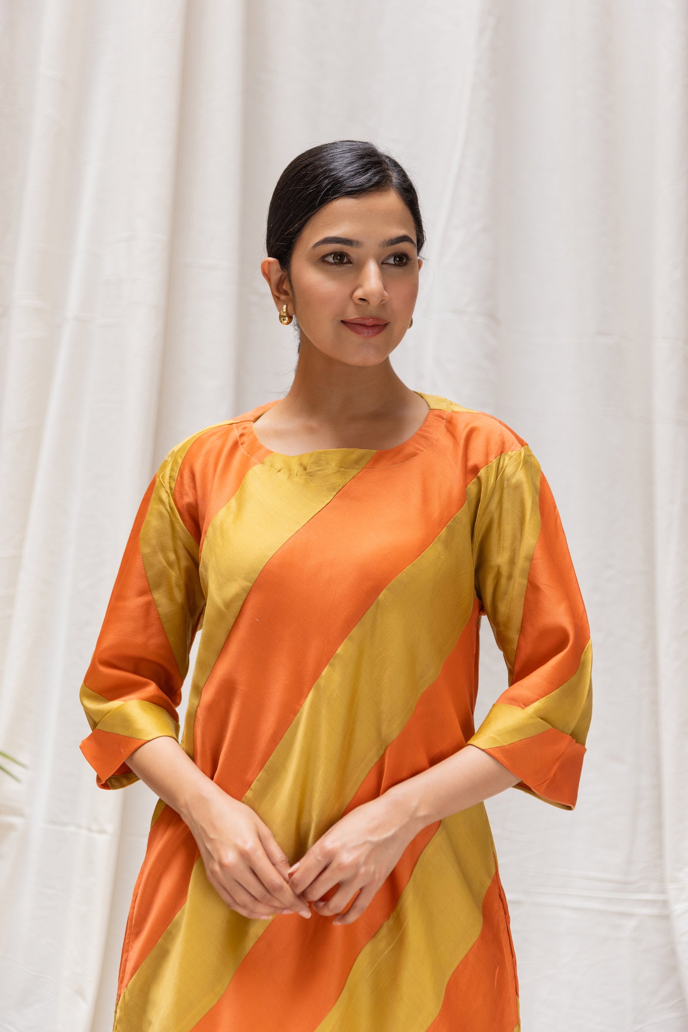 Chanderi Silk Bias Striped Short Dress in Shades of Orange and Yellow