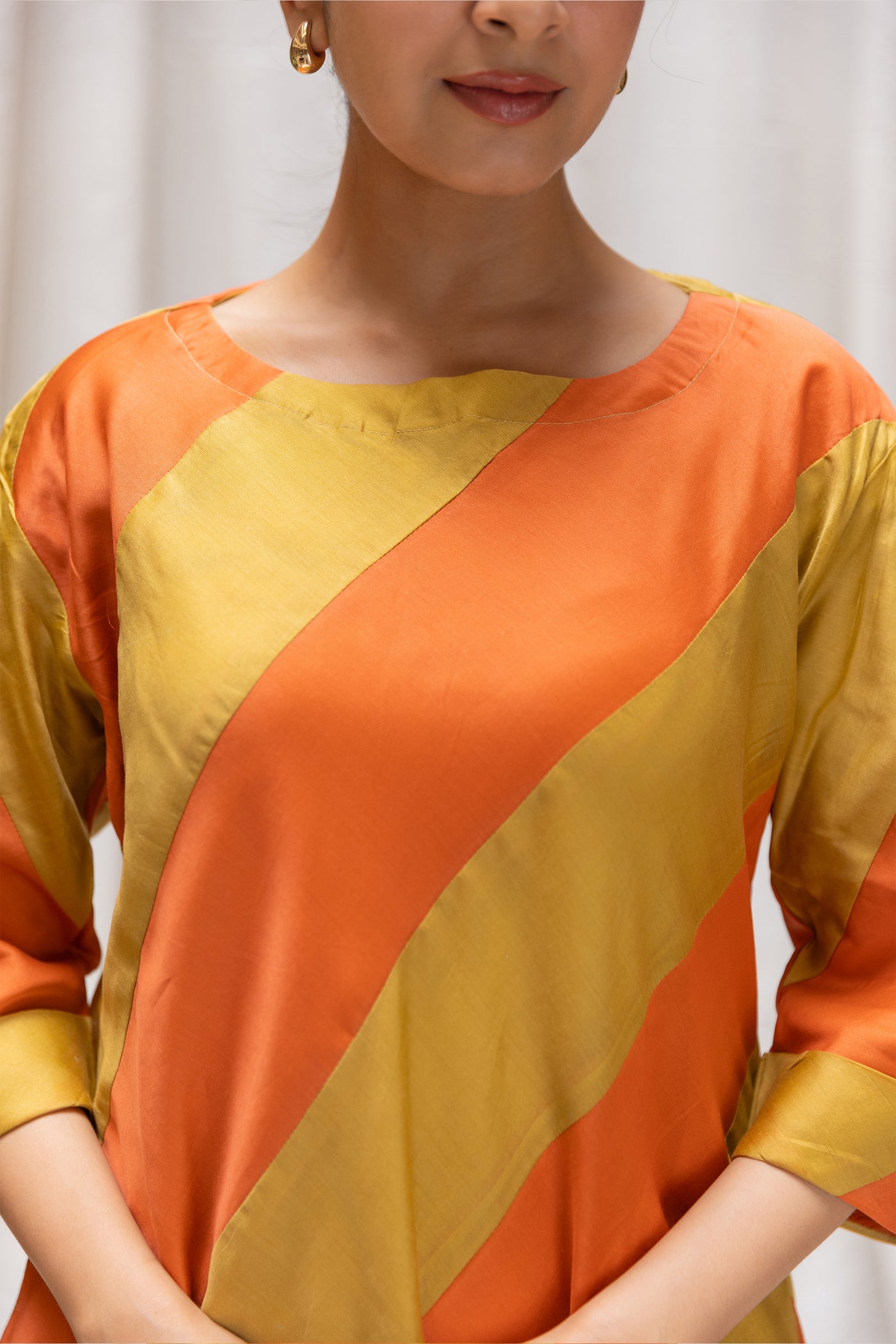 Chanderi Silk Bias Striped Short Dress in Shades of Orange and Yellow