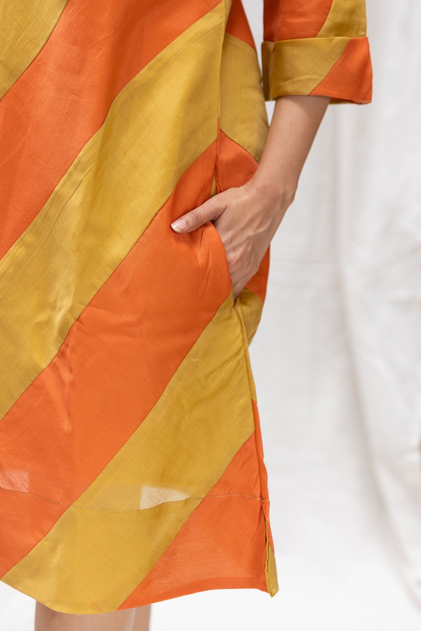 Chanderi Silk Bias Striped Short Dress in Shades of Orange and Yellow