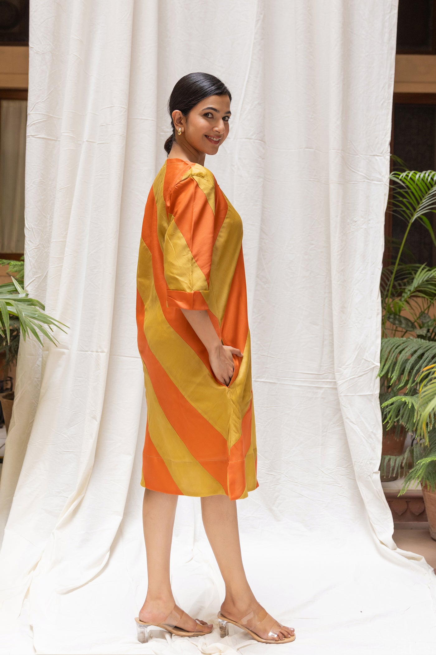 Chanderi Silk Bias Striped Short Dress in Shades of Orange and Yellow