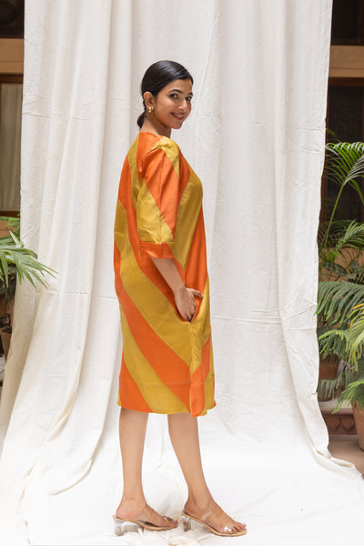 Chanderi Silk Bias Striped Short Dress in Shades of Orange and Yellow