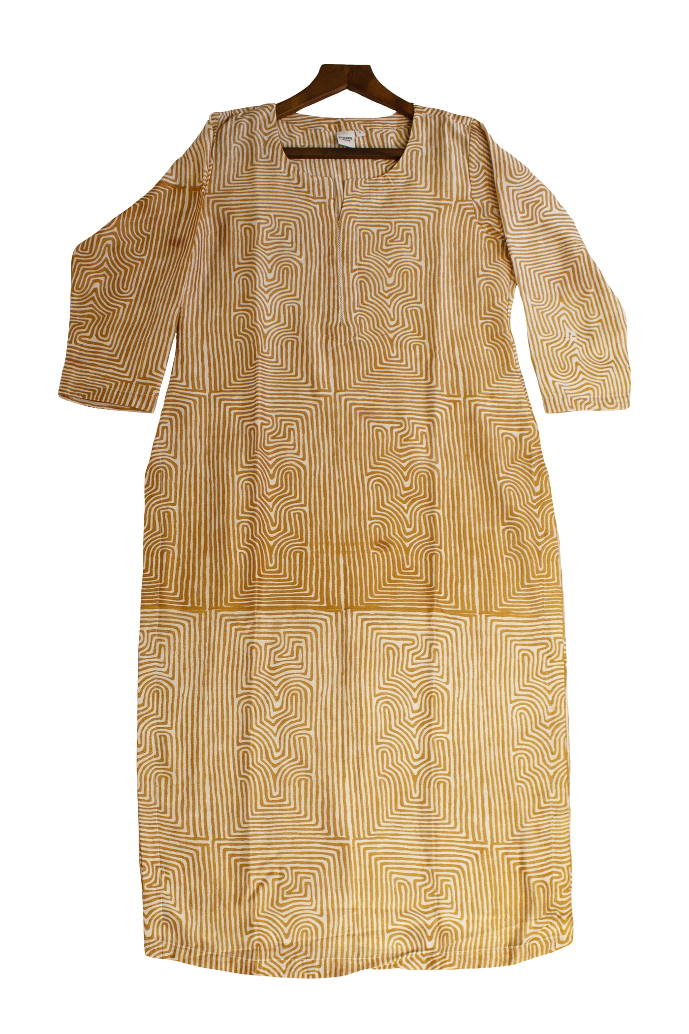 Chanderi Silk Geometric Block Print Kurta in Mustard