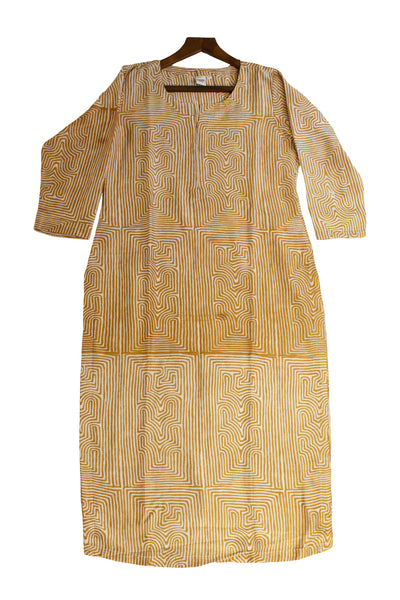 Chanderi Silk Geometric Block Print Kurta in Mustard
