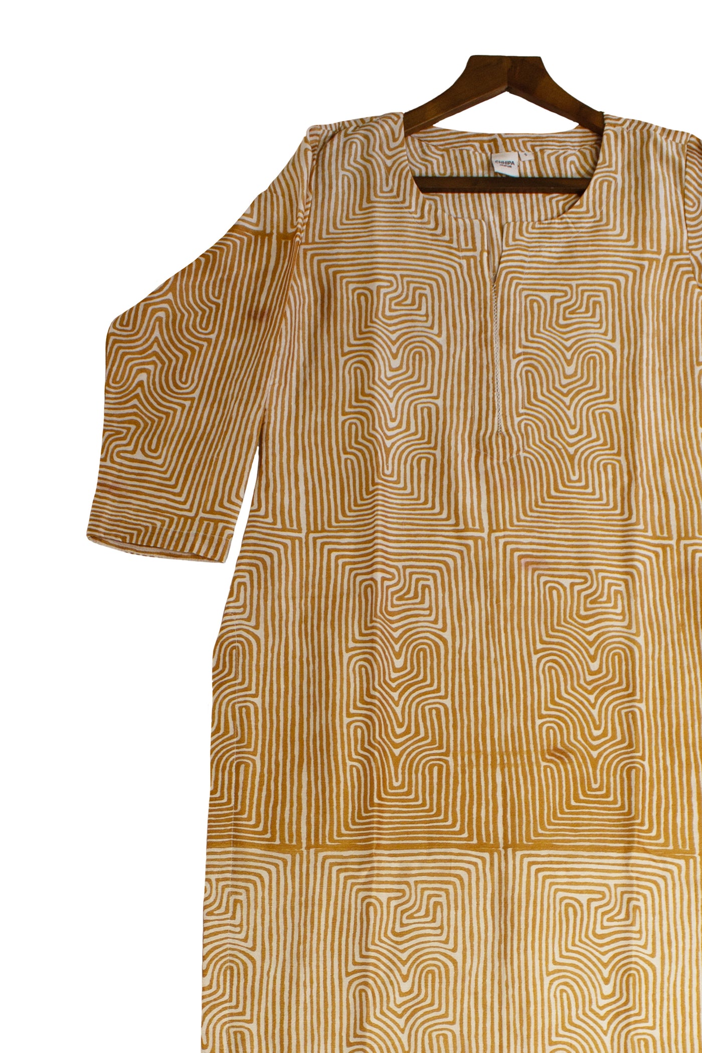 Chanderi Silk Geometric Block Print Kurta in Mustard