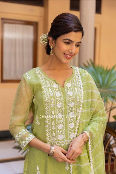 Kota Doria Embroidery Suit Set from Khwaab Collection in Forest Green