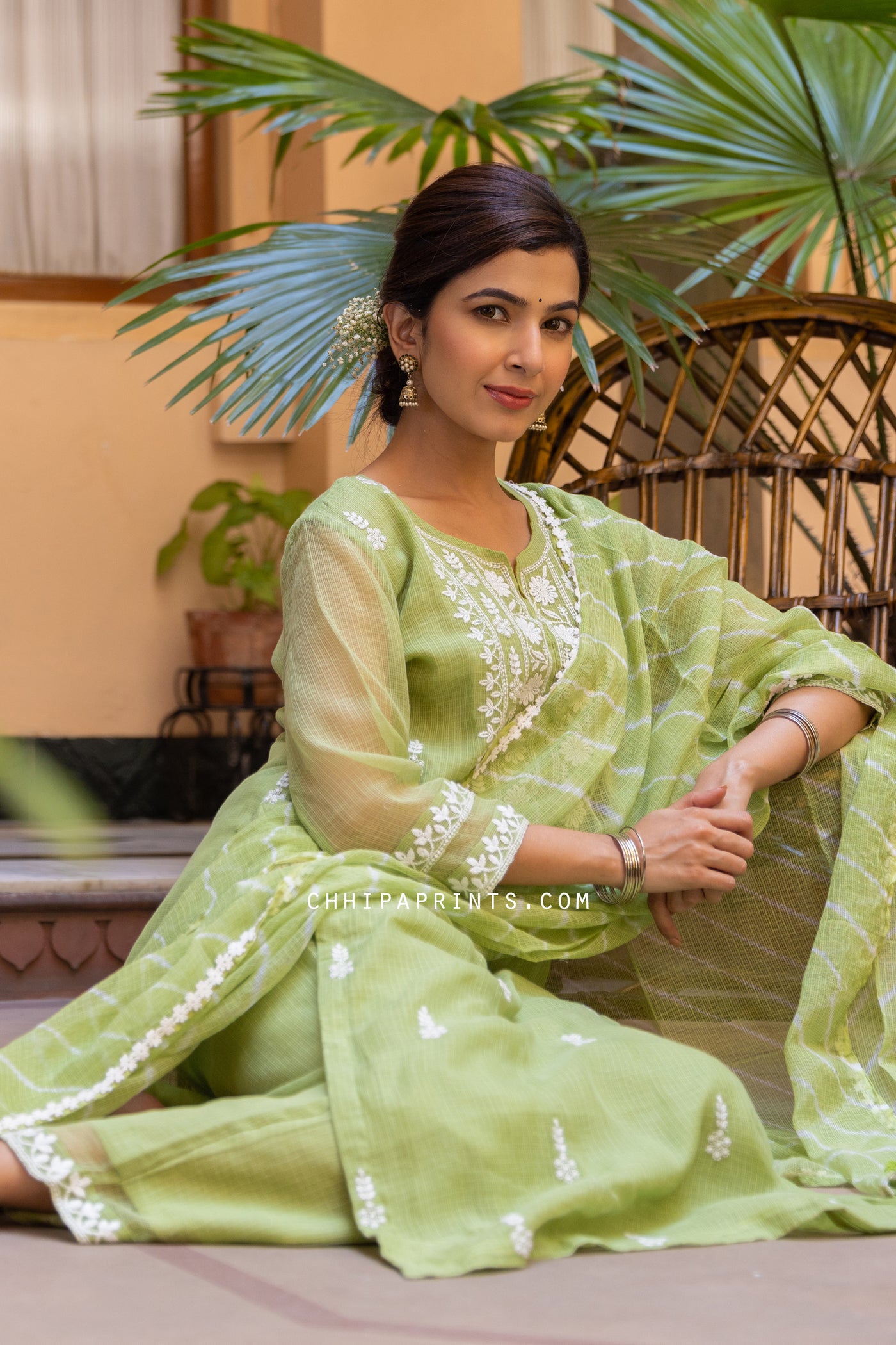 Kota Doria Embroidery Suit Set from Khwaab Collection in Forest Green