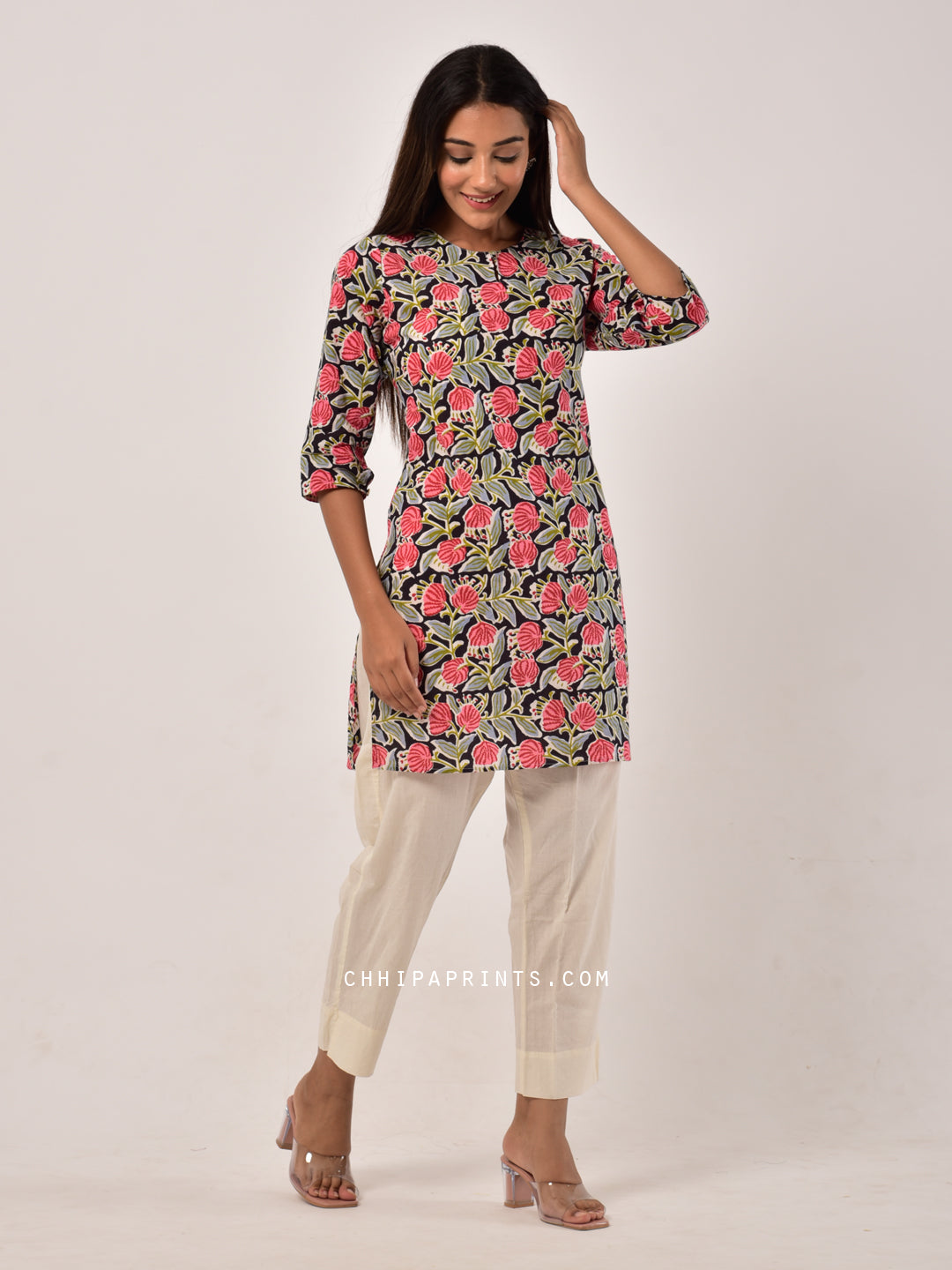 Cotton Floral Jaal Tunic in Black