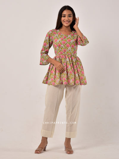 Cotton Floral Jaal Gather Top in Pink