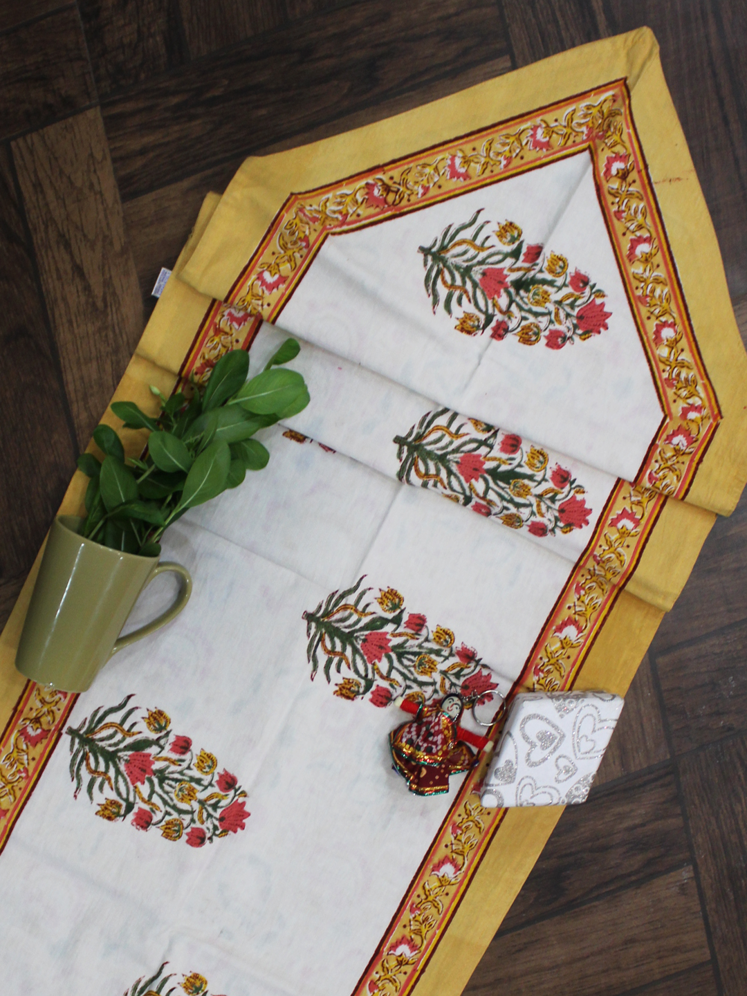 White and Yellow Floral Print Cotton Reversible Table Runner