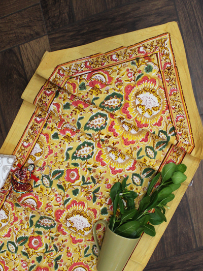 White and Yellow Floral Print Cotton Reversible Table Runner