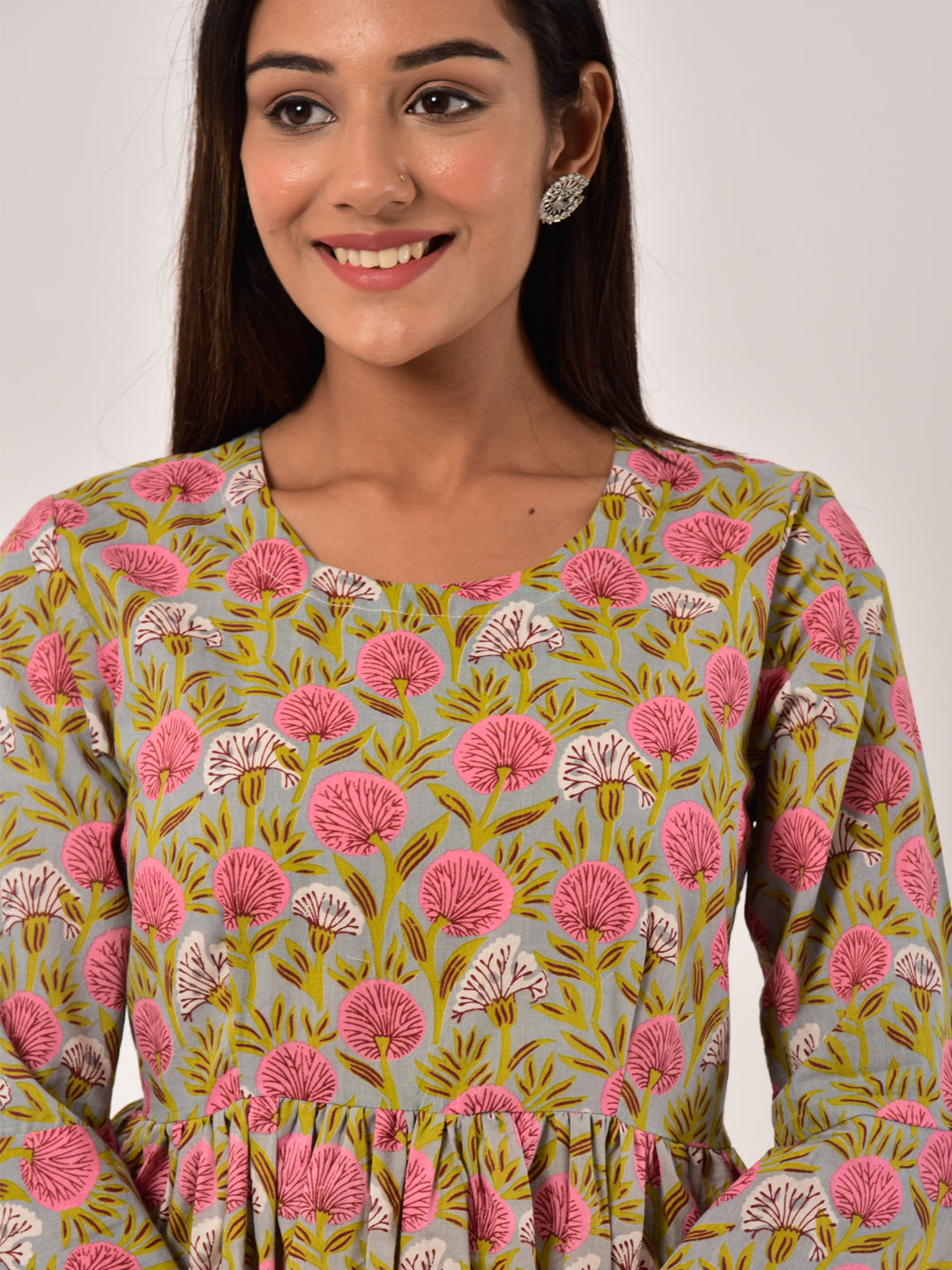 Cotton Floral Jaal Gather Top in Pink