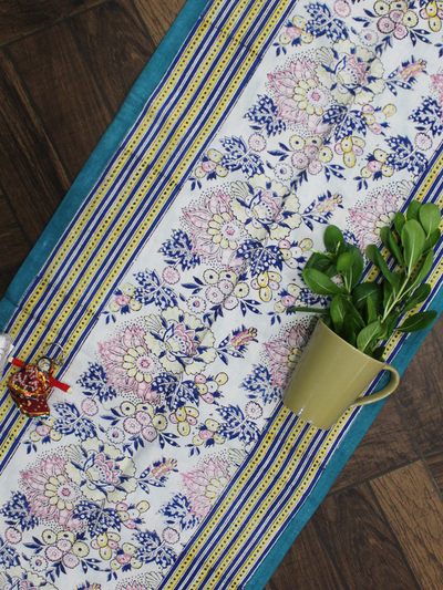 Sea Blue and Ivory Floral Jaal Cotton Reversible Table Runner