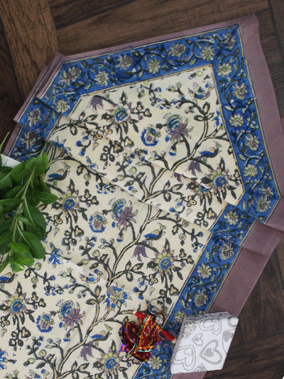 Beige and Blue Floral Print Cotton Reversible Table Runner