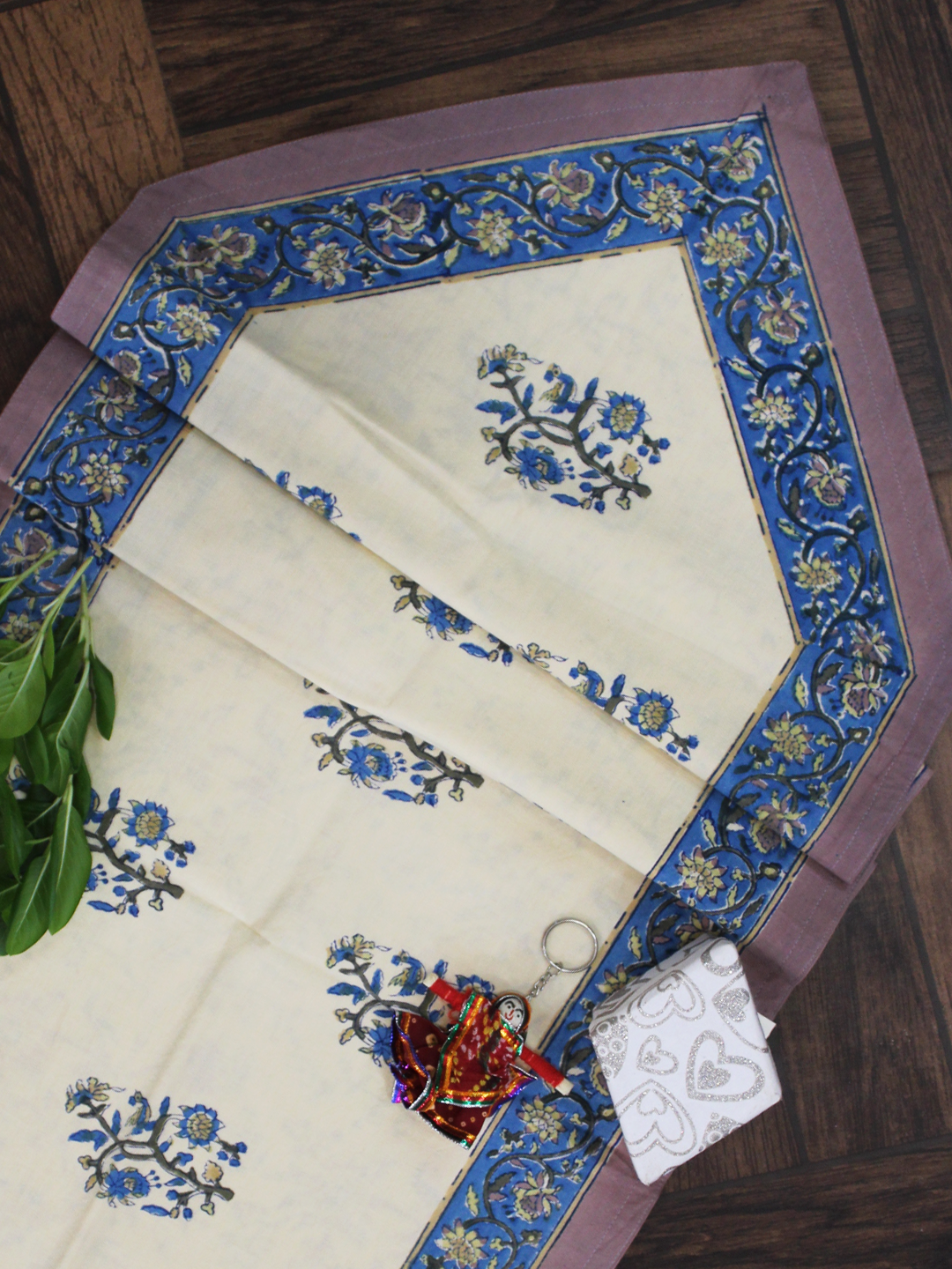 Beige and Blue Floral Print Cotton Reversible Table Runner