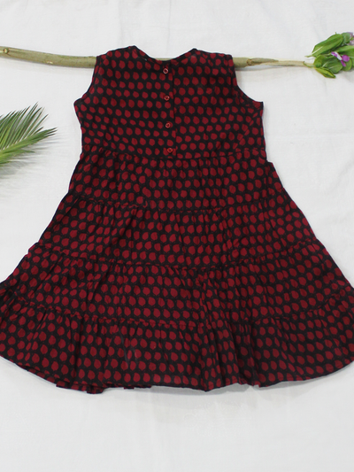 Black and Maroon Hand Block Printed Cotton Girls Frock