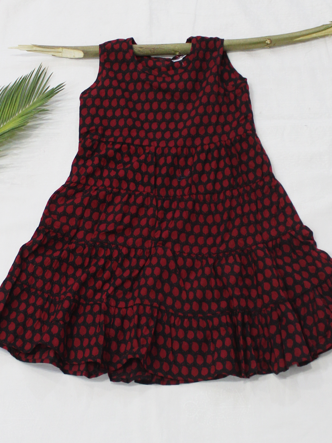 Black and Maroon Hand Block Printed Cotton Girls Frock