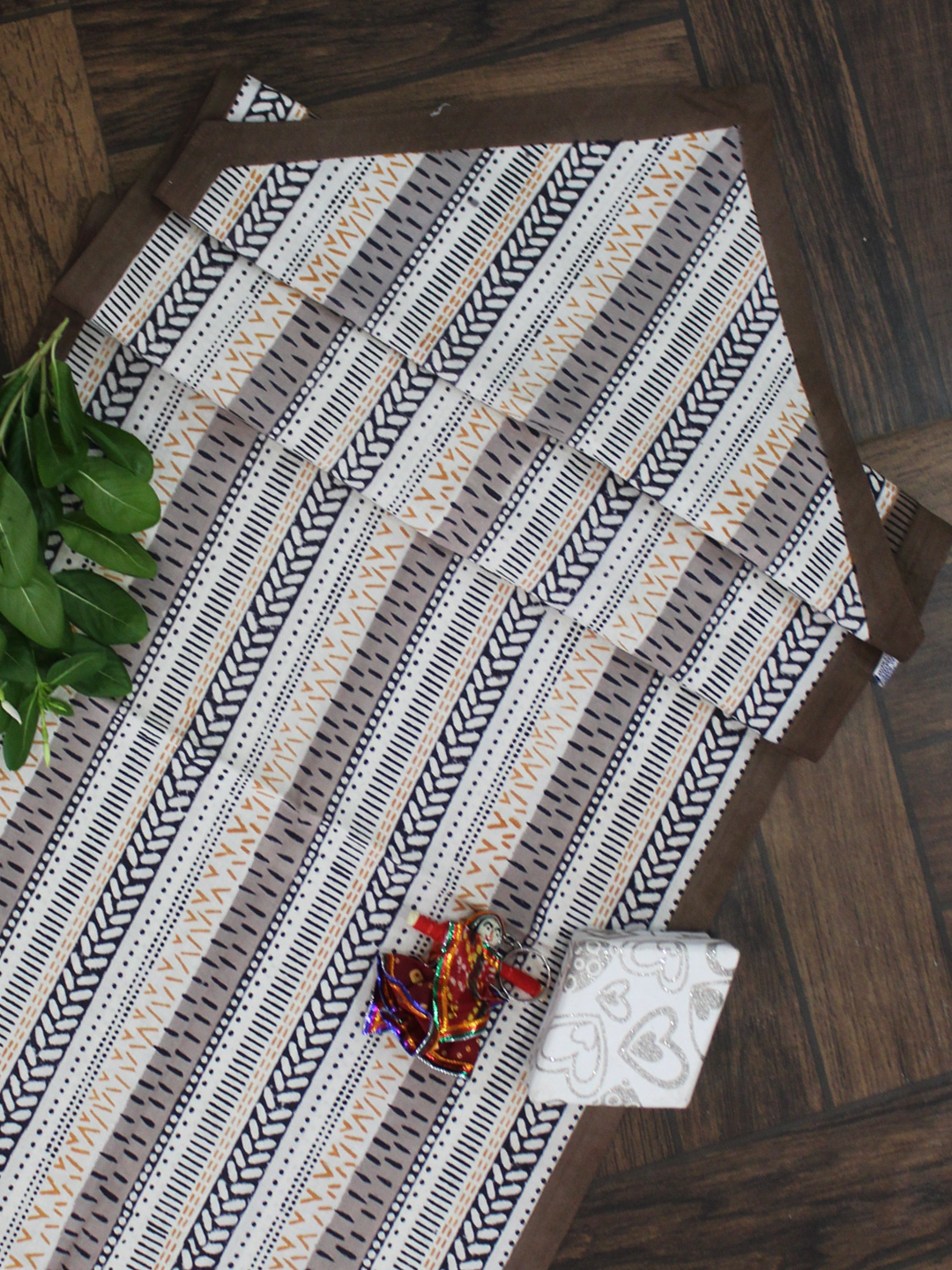 Beige and Brown Floral Print Cotton Table Runner