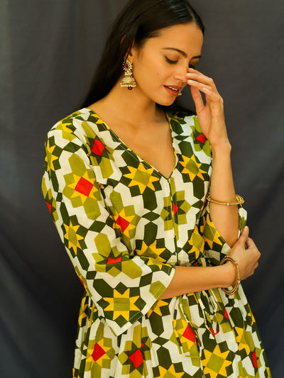 Cotton Women Sundress Green Ikat 3190