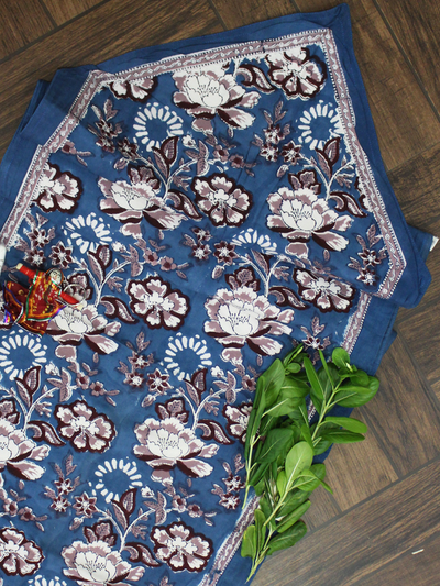 Blue and White Floral Print Cotton Reversible Table Runner