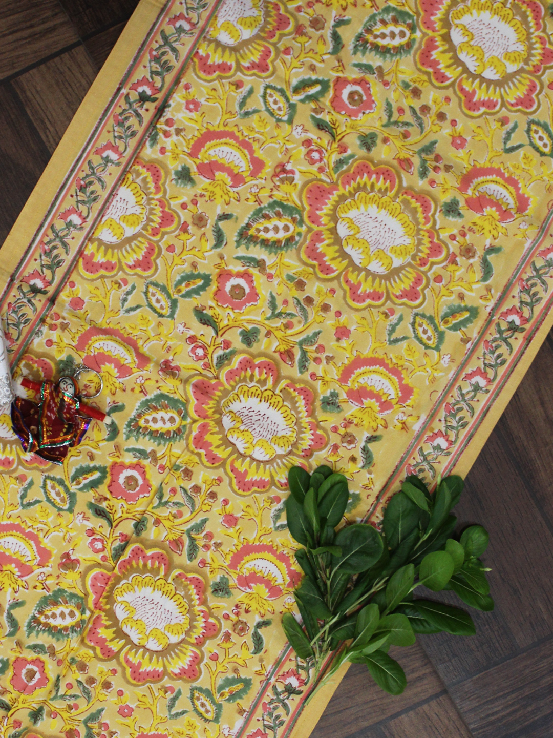 Ivory and Yellow Floral Print Cotton Reversible Table Runner