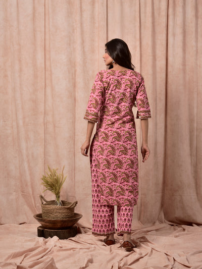 Cotton Women Paisley Print Kurta & Palazzo Set Pink