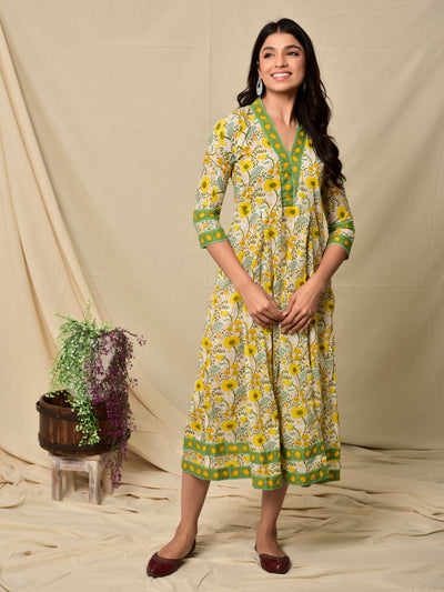 Cotton V Neck Dress 3125 Open Jaal in Yellow