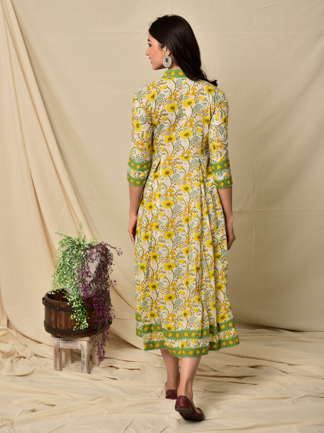 Cotton V Neck Dress 3125 Open Jaal in Yellow