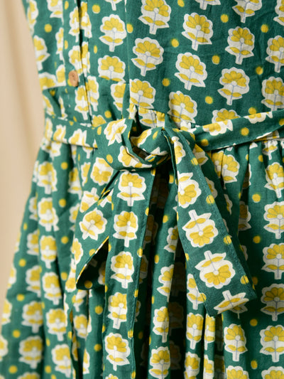 Cotton Tiered Midi Dress in Emerald Buti Print