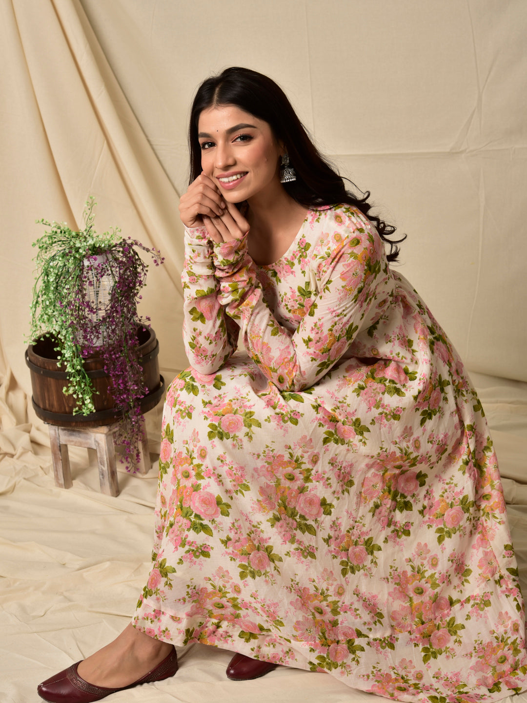 Cotton Umbrella Dress in Floral Jaal Pink