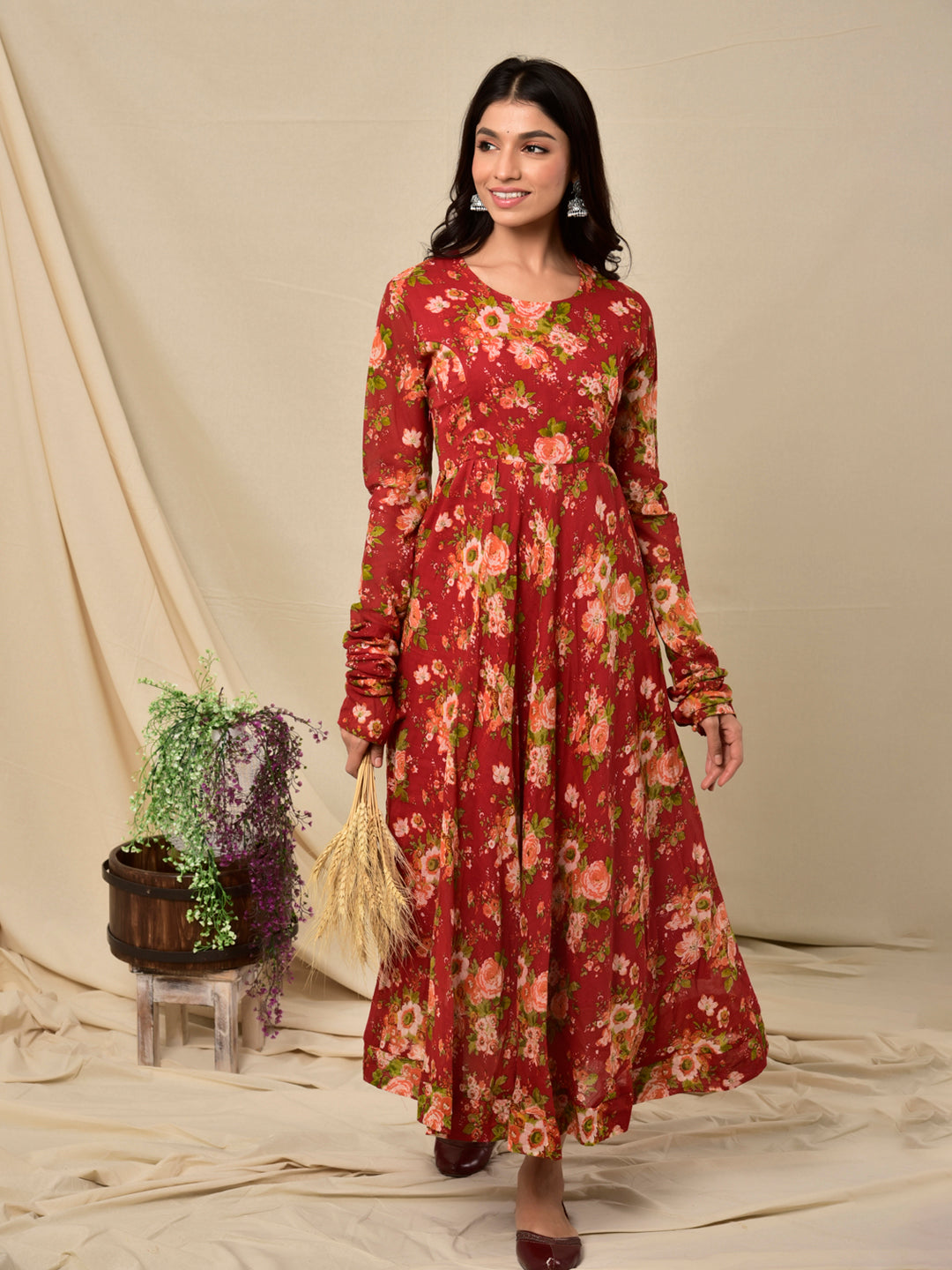 Cotton Umbrella Dress in Floral Jaal Red