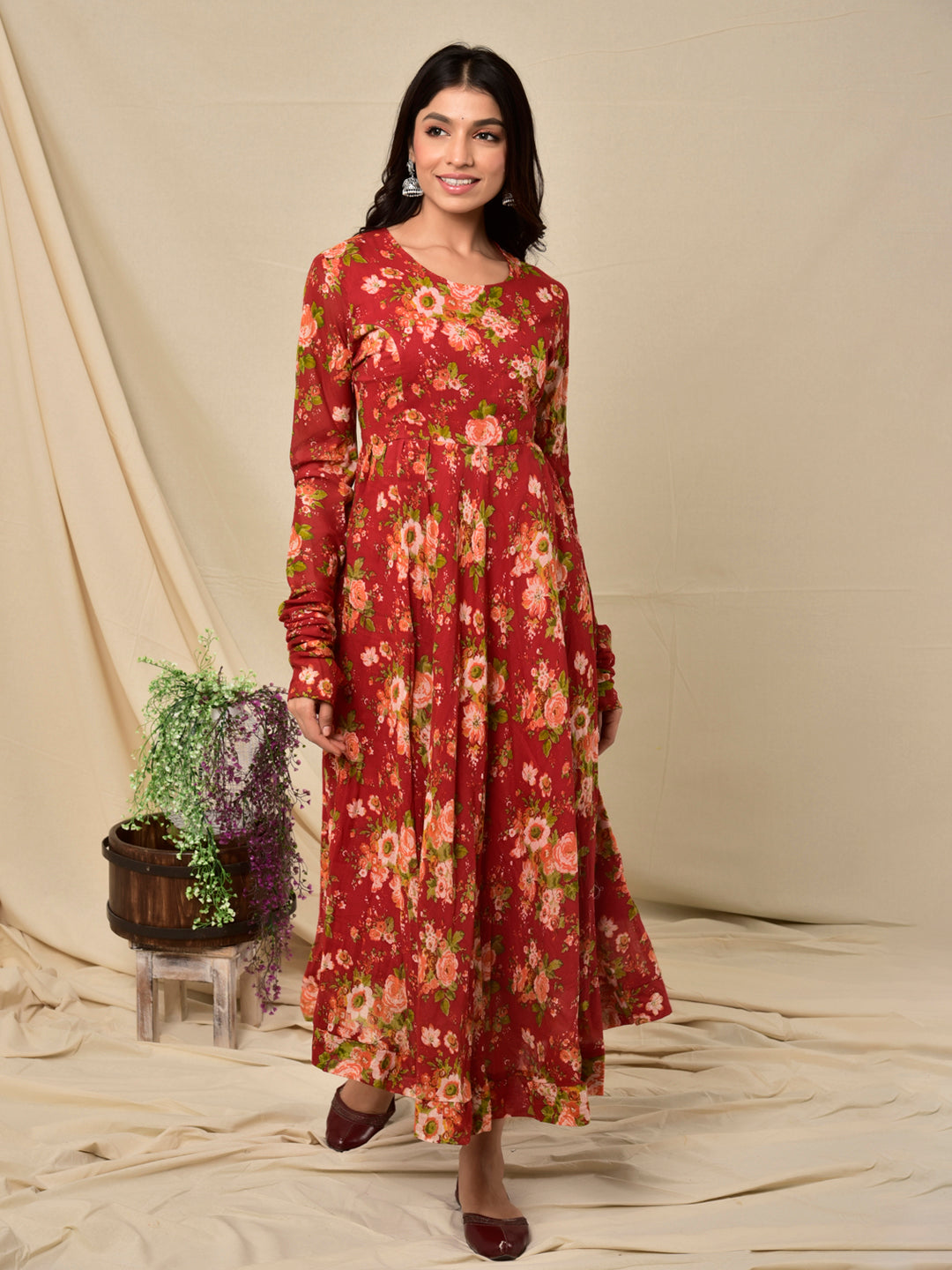 Cotton Umbrella Dress in Floral Jaal Red