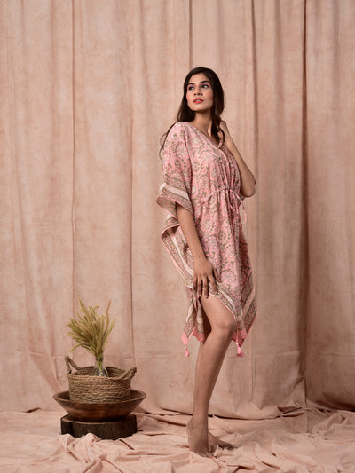 Cotton Women Kaftan with Drawstring Cameo Rose Floral Jaal