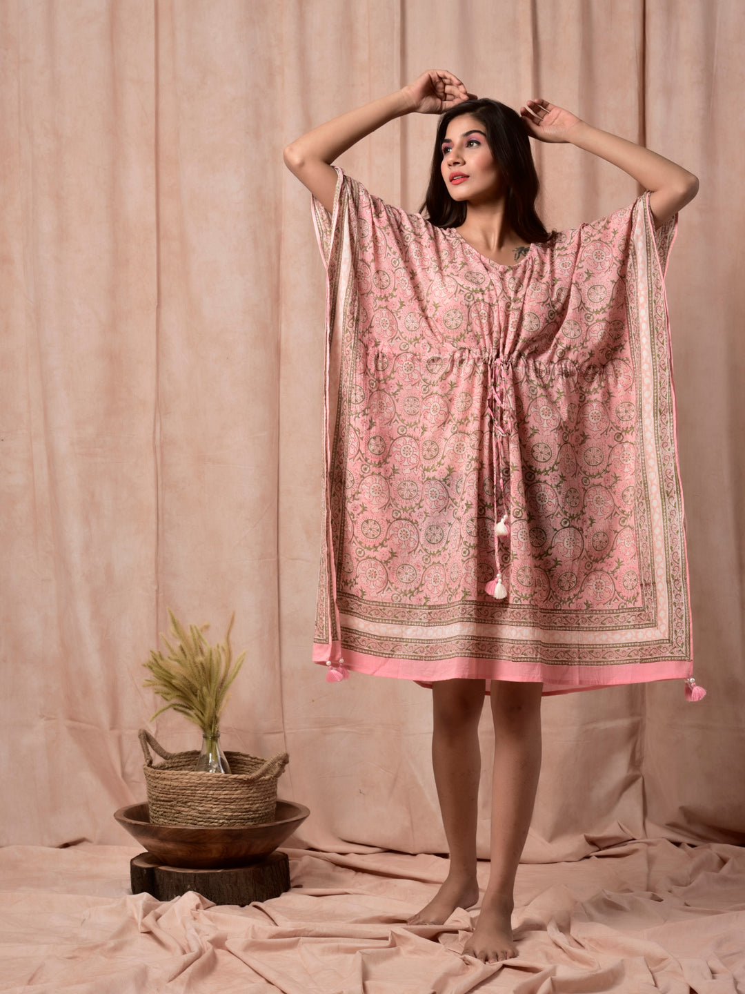 Cotton Women Kaftan with Drawstring Cameo Rose Floral Jaal