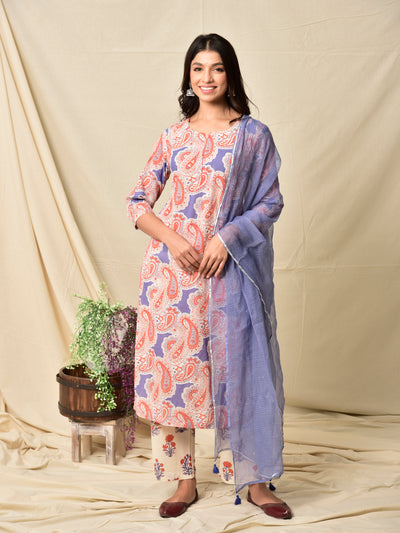 Cotton Paisley Print Pintuck Suit Set in Orange