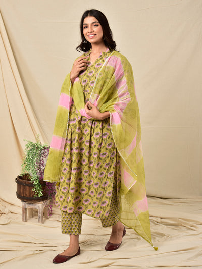 Cotton Pintuck Yoke Gud Boota Kurta Suit Set in Sage Green