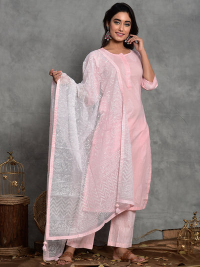 Cotton Kurta Khari Boota with Palazzo Dupatta Set Pink