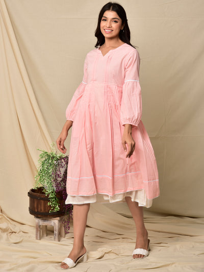 Cotton Shell Tuck Layered Dress in Blush Pink