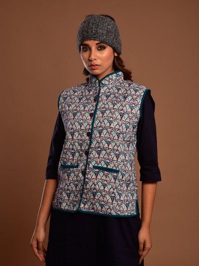 Cotton Quilted Jacket Teal Geo