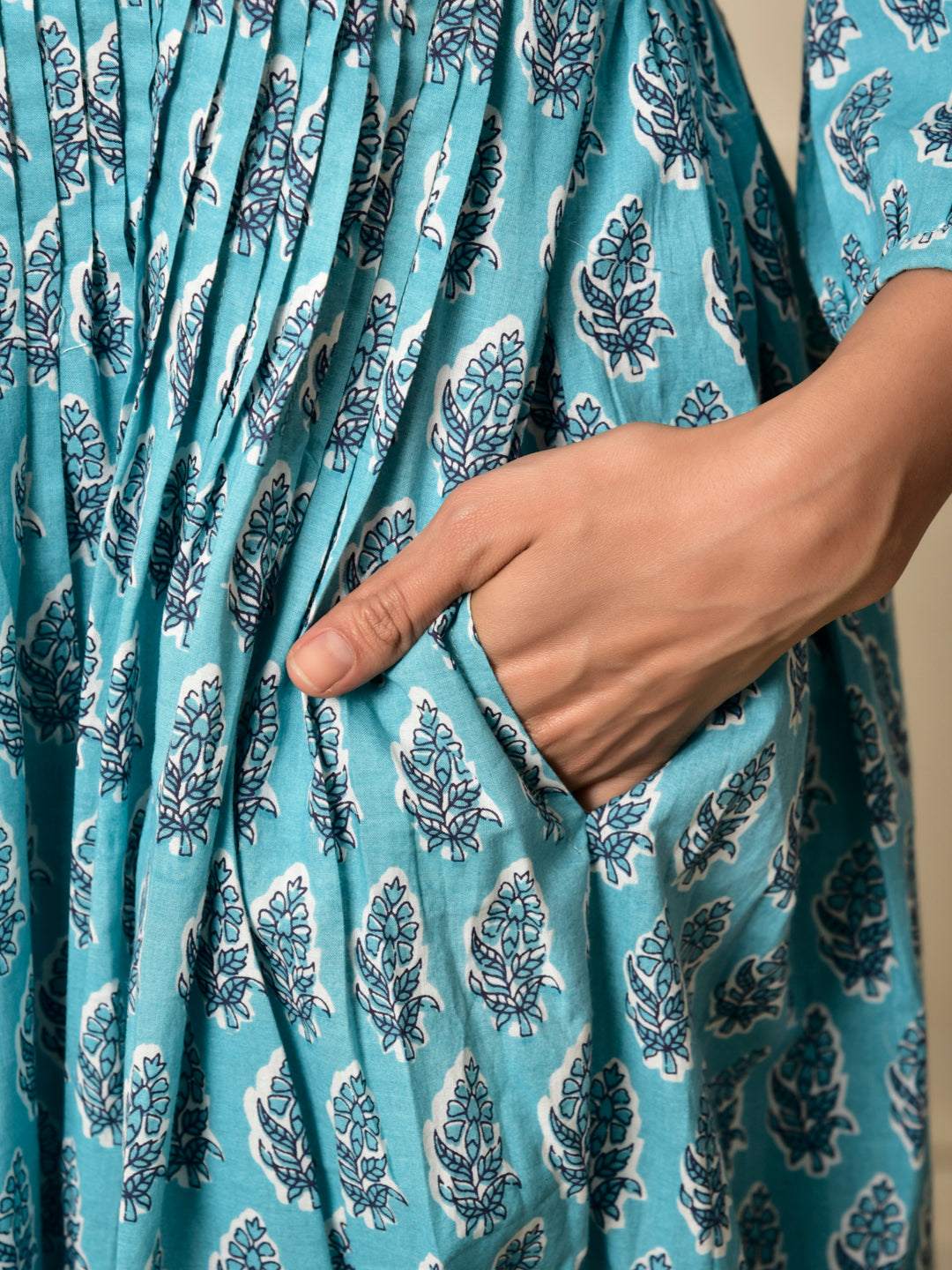 Cotton Buti Print Shell Tuck Layered Dress in Turquoise Blue