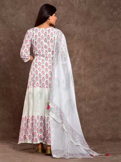 Women Cotton Anarkali Dress Panel Print Pink