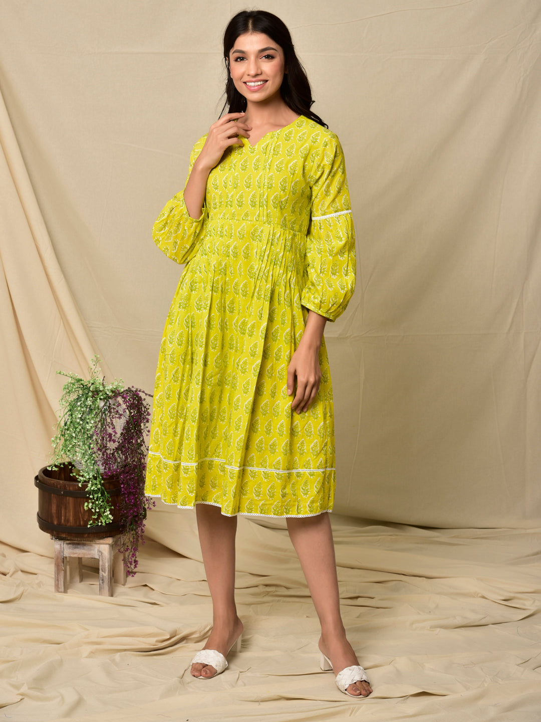 Cotton Buti Print Shell Tuck Layered Dress in Solar Yellow