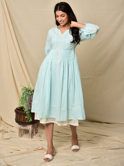 Cotton Shell Tuck Layered Dress in Aqua Blue